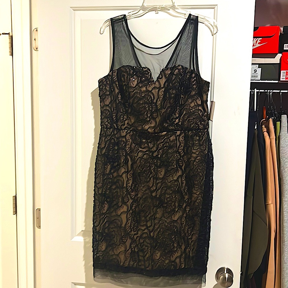 NWT black lace over nude cocktail dress.  Size 14: